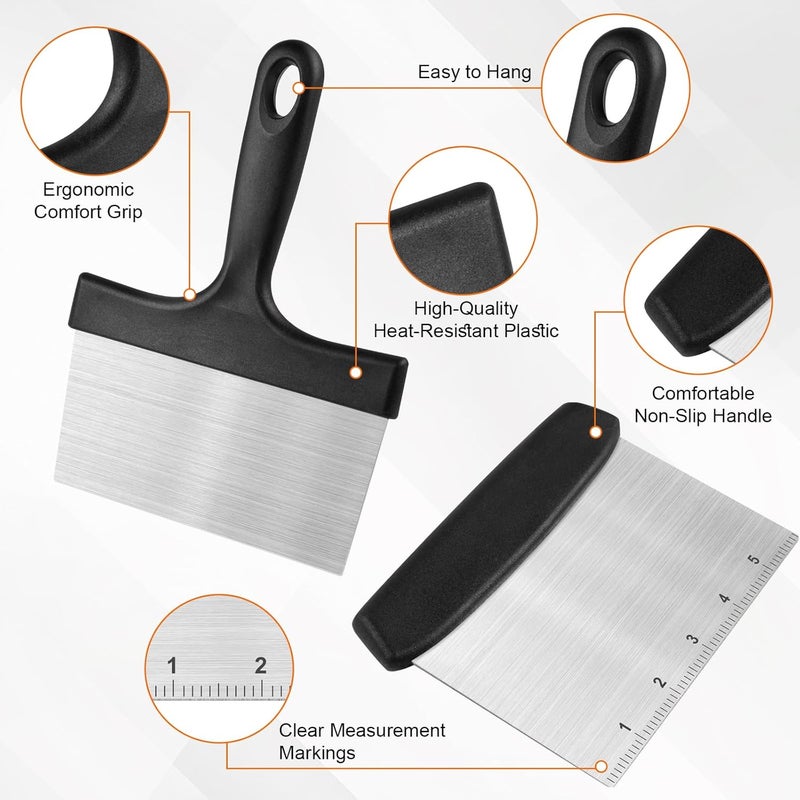 HANWRAPS Grill Scraper&Bench Scraper Set，Food Scraper with Handle for Blackstone, Flat Top Grill Cleaning，Premium Stainless Steel Dough Cutter with Measuring Scale for Pastry,Cake,Pizza,Bread,Cooking - Image 3